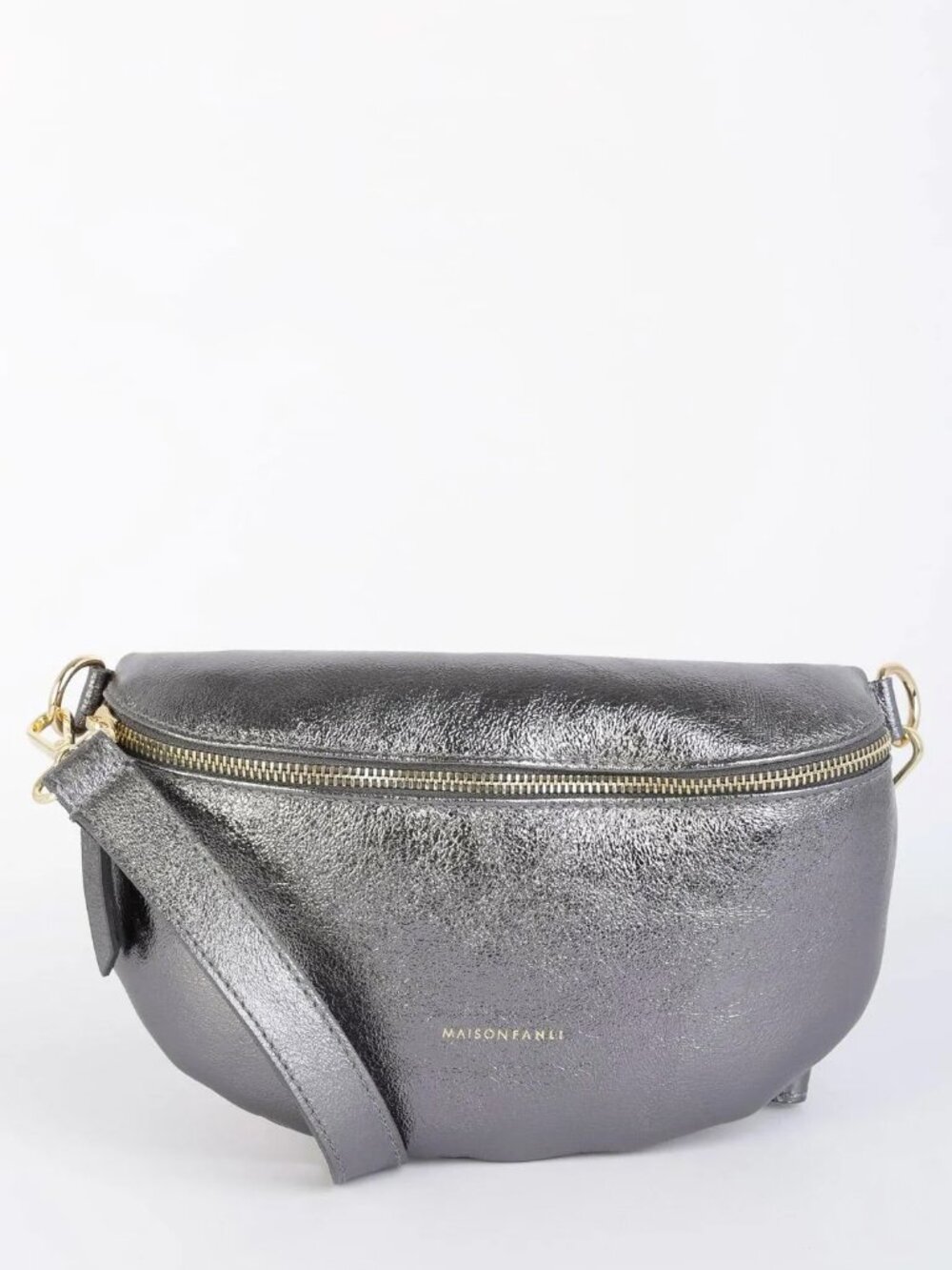 Italian Leather Crossbody Waist Bag, Luxury Fanny Pack Metallic Gray Festival